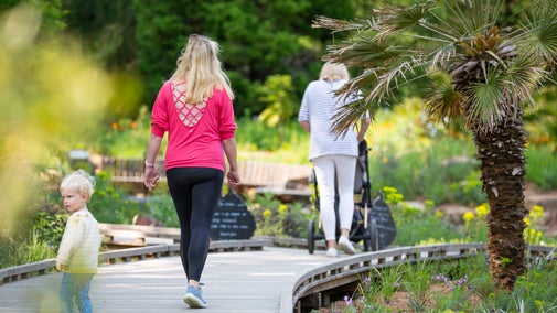 Mum and child walking in the garden at Sheffield Park and Garden